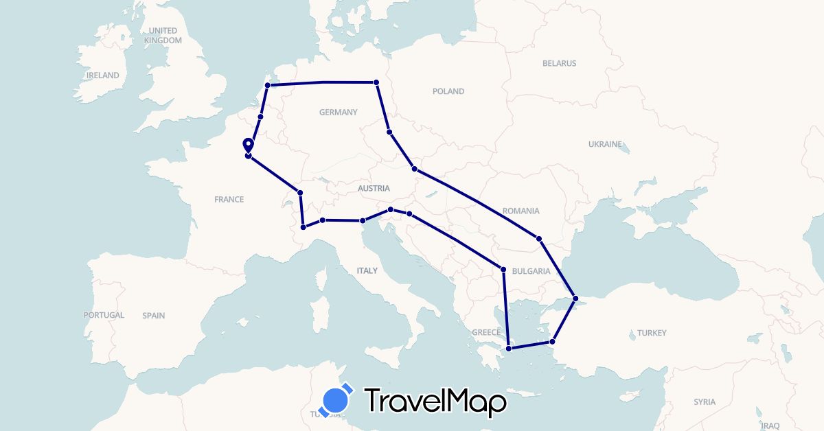 TravelMap itinerary: driving in Austria, Belgium, Bulgaria, Switzerland, Czech Republic, Germany, France, Greece, Croatia, Italy, Netherlands, Romania, Slovenia, Turkey (Asia, Europe)